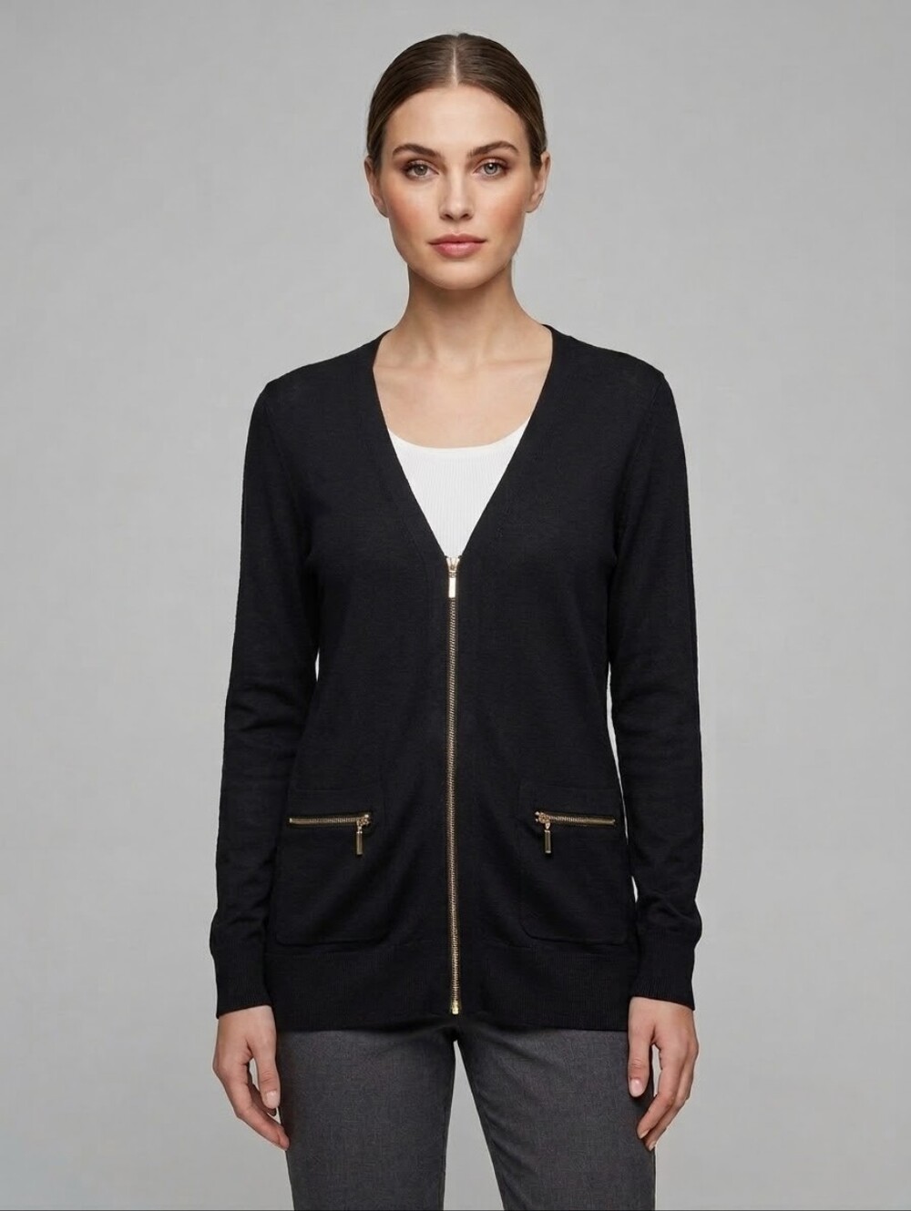 ​Cyrus Black Knit Zip Up Cardigan Sweater Small Gold Hardware
